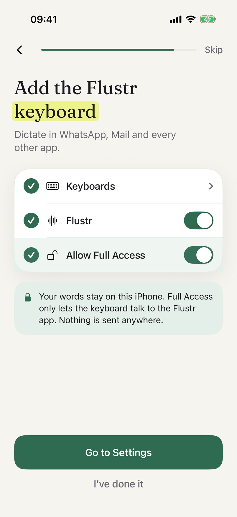The Flustr onboarding screen showing the keyboard added in Settings with Allow Full Access switched on